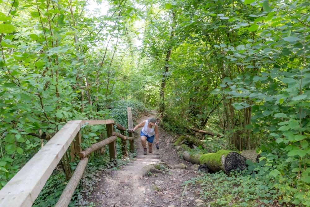 Senior,Female,Hiker,Climbing,Ecological,Stairs,Up,Steep,Slope,Of
