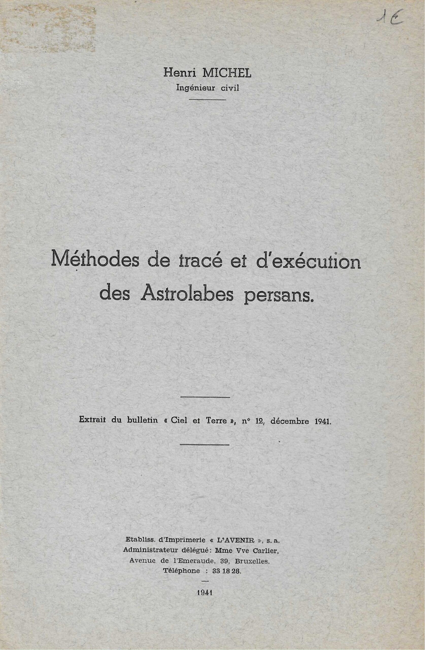 "Méthode de tracé et d'exécution des Astrolabes persans", 1941