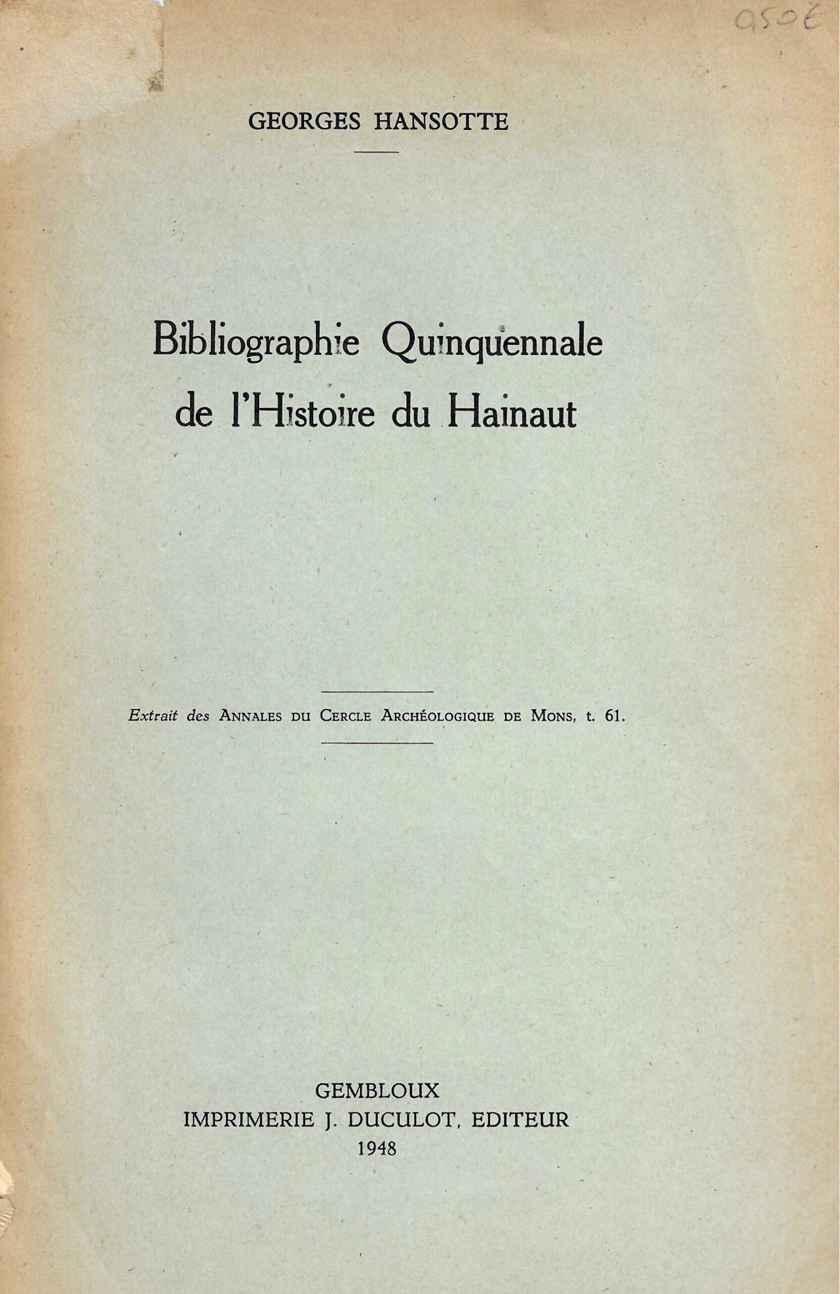 Bibliographie Quinquennale de l'Histoire du Hainaut