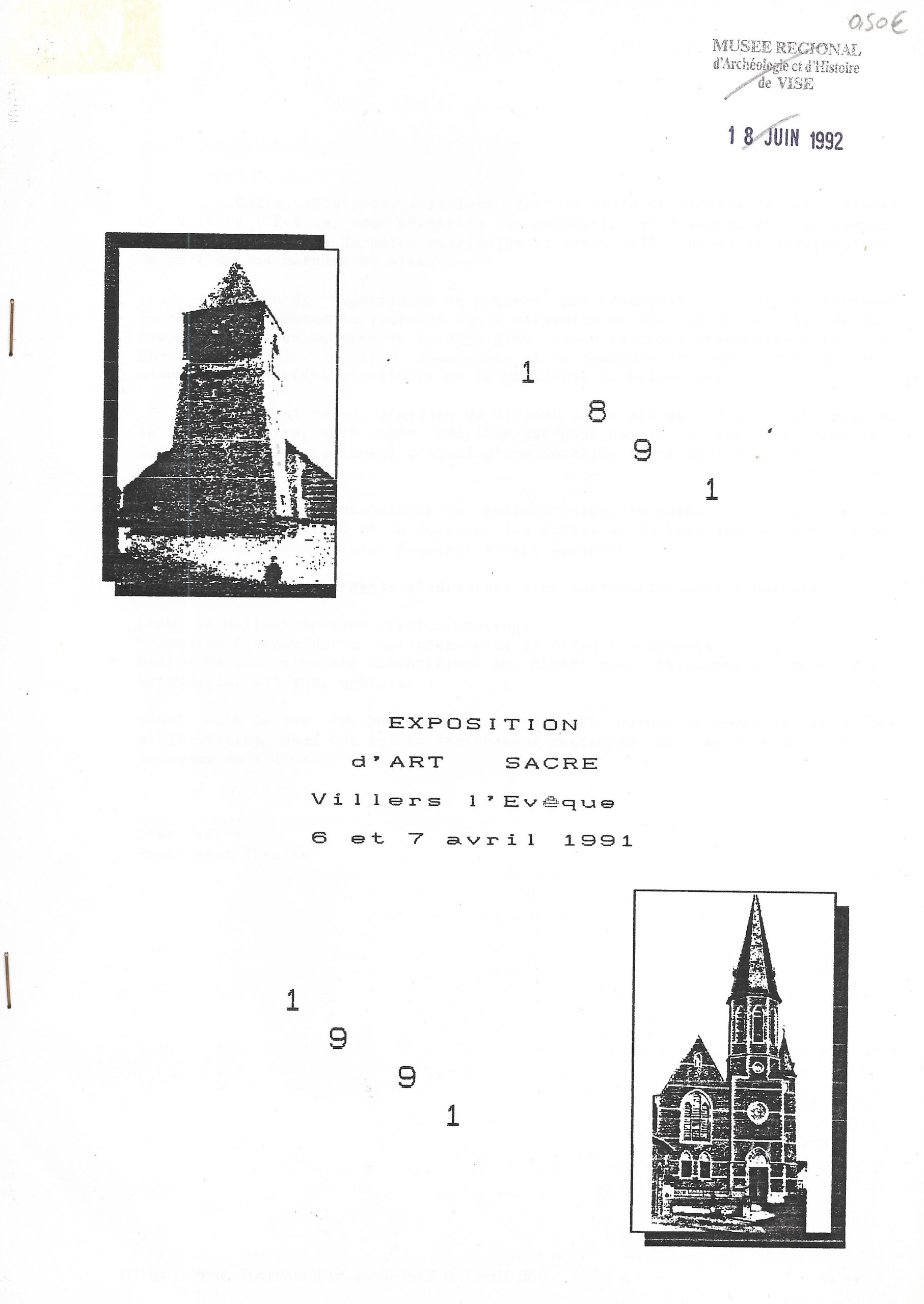 Exposition d'Art Sacre Villers l'Evêque (1891-1991)