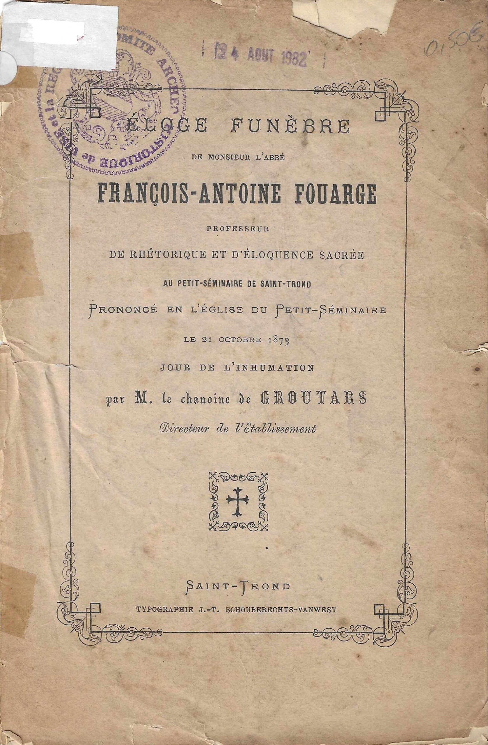 Eloge funèbre de Mr l'abbé François Antoine Fouarge (1873)