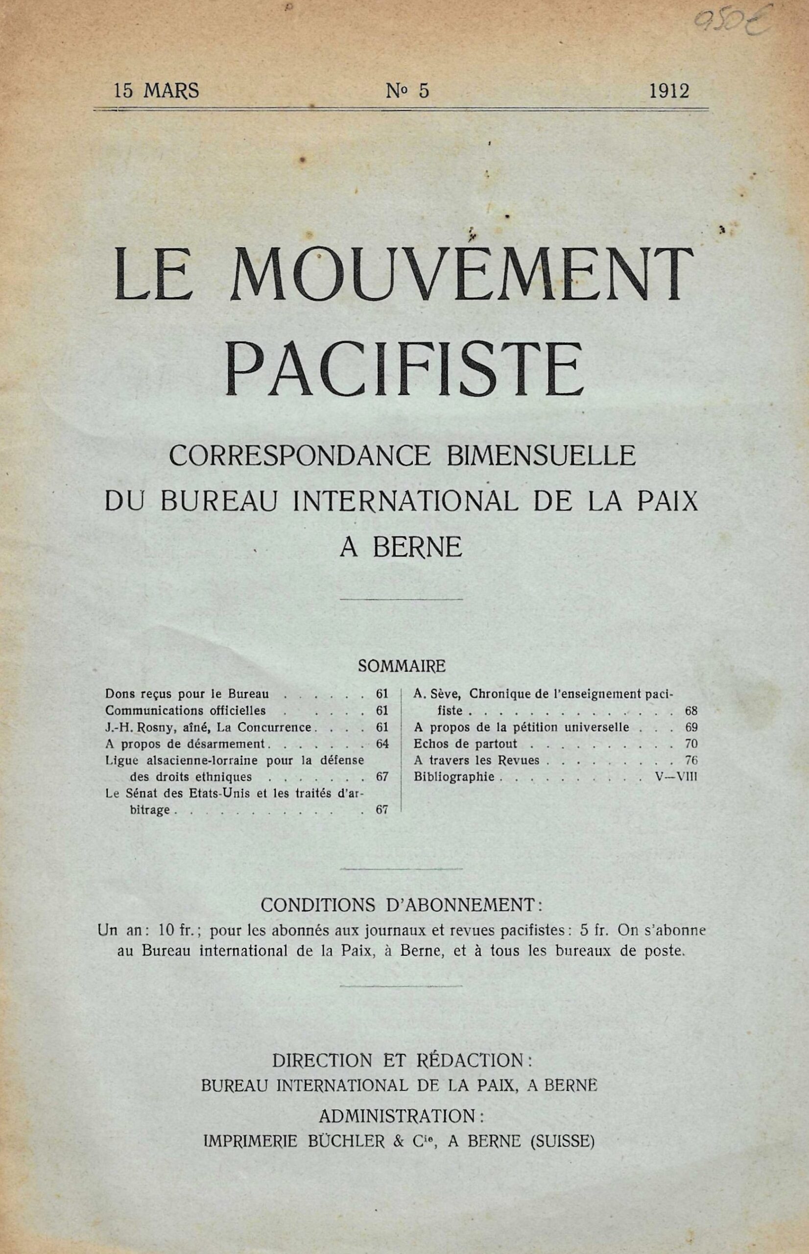 Le mouvement pacifiste - Correspondance bimensuelle du bureau international de la paix à Berne (1912)